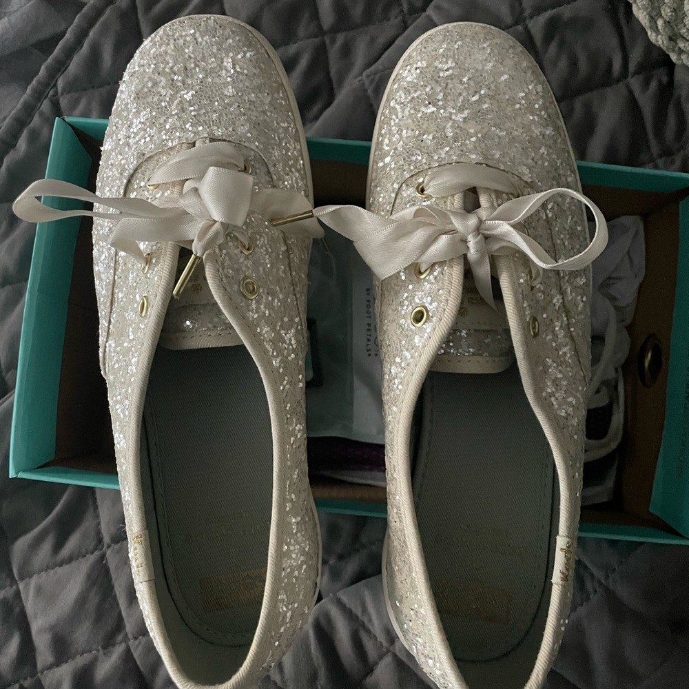 Kate spade x keds cream glitter wedding sneakers “triple kick all over”